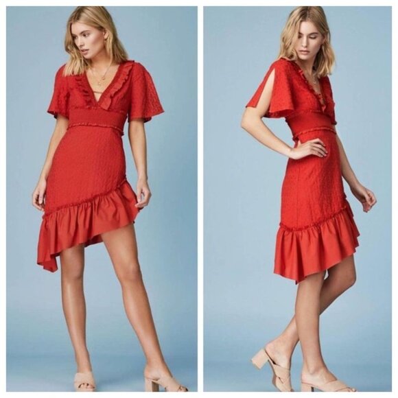 Finders Keepers Dresses & Skirts - FINDERS KEEPERS Red Memento Ruffle Midi Dress with V Neck, size Small